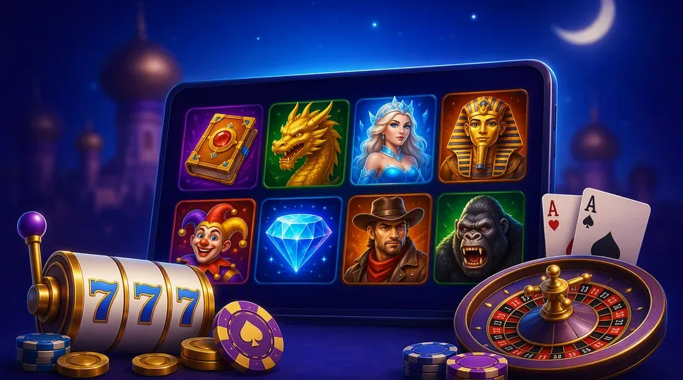 Spielekatalog-Raster mit bunten Slot-Symbolen